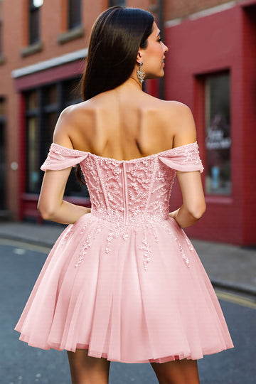 Corset Off The Shoulder Blush Appliqued Homecoming Dress